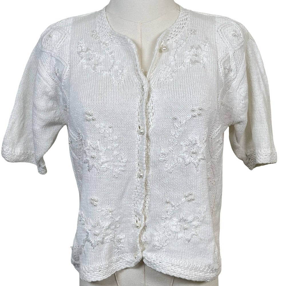 Vintage JR Bentley Cardigan Sweater Women S White‎ Pearl Embroidered Cottage